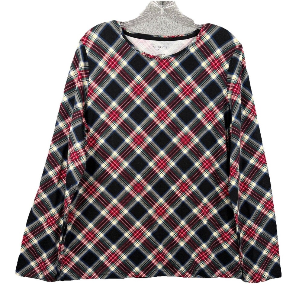 Talbots Stretch Plaid Top T Shirt Women’s Large Long Sleeve Black/Red Cotton